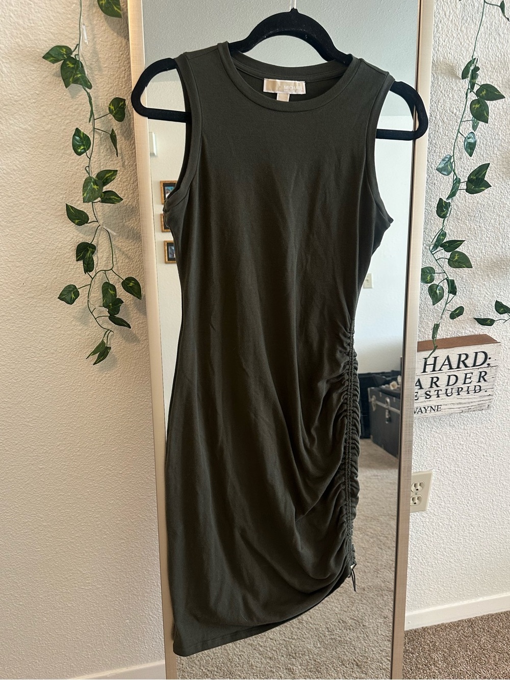 Michael Kors Olive Sleeveless Ruched-Side Midi Dress
